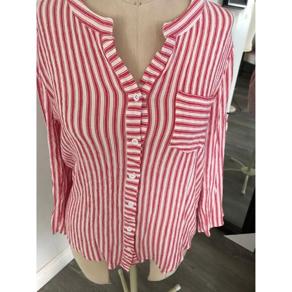 New! Kori America Red & White Striped Women's Button down Blouse Top S/M - Picture 4 of 6